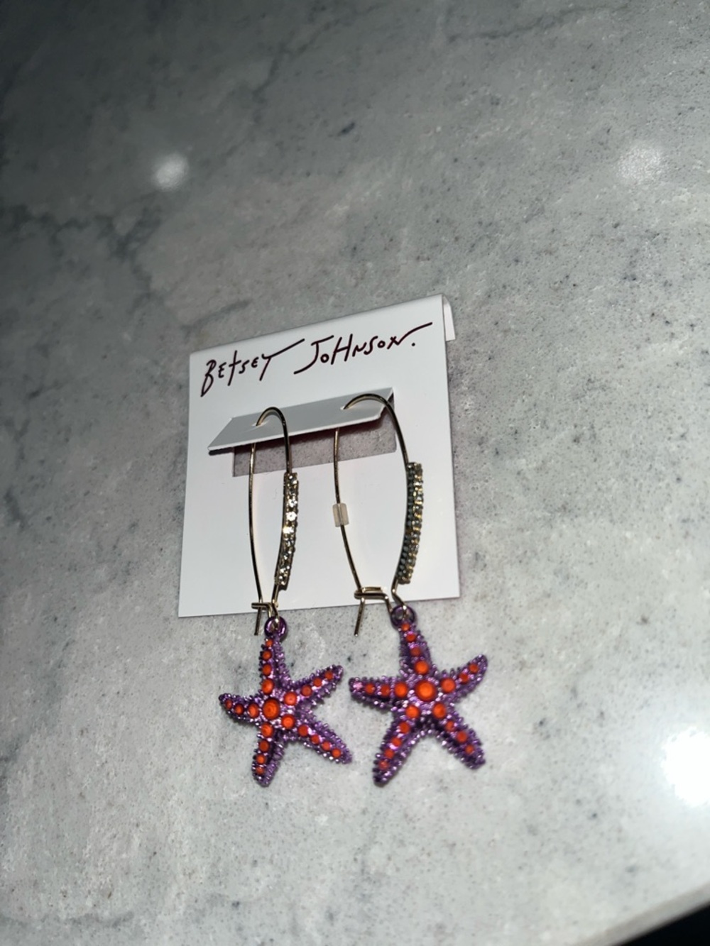 Betsey Johnson Shepherd Hook Purple and Red Starfish Earrings NEW HTF